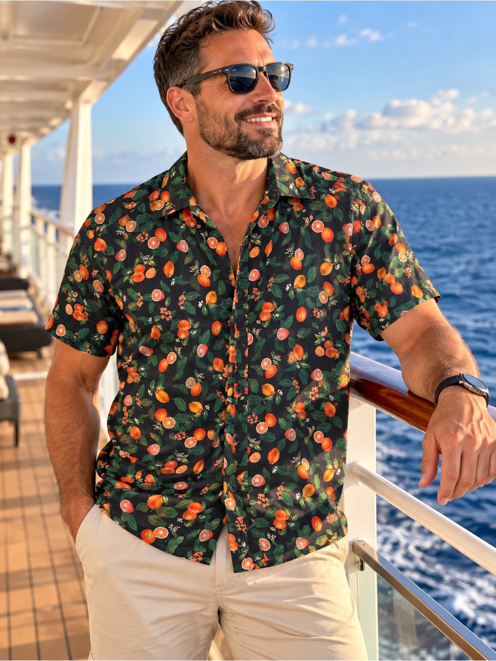 Rodd & Gunn Black Short-Sleeve Orange Fruit Print Shirt button up sz L